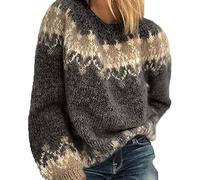 BeerMmay Damen Herbst Winter Rundhals Casual Lose Mohair Grobstrick Jacquard Damen Pullover, Schwarz, S