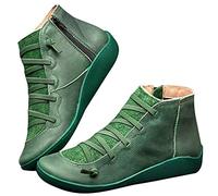 BeerMmay Damen Knöchelschuhe Rund Toe Flache Leder Stiefeletten Schnürung Reißverschluss Wasserdichte Schuhe rutschfeste Damenstiefel Winterstiefel Comfort Knöchel Schuhe Worker Boots