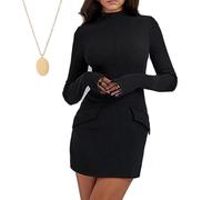 behound Afloura Mock Neck Long Sleeve Bodycon Dress, Afloura Cargo Mini Dress with Pockets for Women (Black,Small)