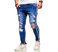 behype. Herren Destroyed Stretch Jeans-Hose im Used-Look mit Side-Stripe 80-4069 Blau W30/L32