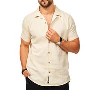 behype. Herren Hemd als Kurzarm Leinenhemd - Freizeithemd im Regular-Fit mit Reversekragen Sommerhemd - Strandhemd im Sommer-Look für Männer CR_9212-Beige-M