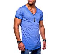 behype. Herren Kurzarm Basic T-Shirt V-Neck Ausschnitt Oversize-Look 20-0002 Blau M