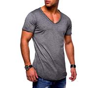 behype. Herren Kurzarm Basic T-Shirt V-Neck Ausschnitt Oversize-Look 20-0002 Dunkelgrau M