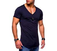 behype. Herren Kurzarm Basic T-Shirt V-Neck Ausschnitt Oversize-Look 20-0002 Navy S