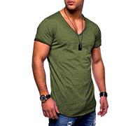 behype. Herren Kurzarm Basic T-Shirt V-Neck Ausschnitt Oversize-Look 20-0002 (S, Khaki_Washed)