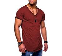 behype. Herren Kurzarm Basic T-Shirt V-Neck Ausschnitt Oversize-Look 20-0002 (S, Weinrot)