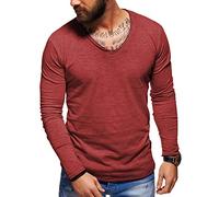 behype. Herren Langarm Basic Longsleeve V-Neck T-Shirt 30-3741 (L, Weinrot (Washed))