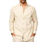 behype. Herren Leinenhemd als Langarmhemd - Freizeithemd im Regular-Fit mit Button-Down Kragen Sommerhemd - Strandhemd im Sommer-Look für Männer CR_8529-Beige-M