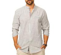 behype. Herren Leinenhemd als Langarmhemd Gestreift - Freizeithemd im Regular-Fit mit Stehkragen Sommerhemd - Strandhemd im Sommer-Look für Männer CR_8455-Schwarz-XL