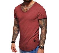 behype. Herren Oversize Kurzarm Basic T-Shirt V-Neck 20-1720 (S, Weinrot_Washed)