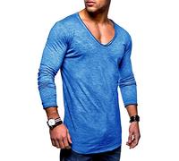 behype. Herren Oversize Longsleeve Langarm T-Shirt V-Neck Ausschnitt 30-0014 Blau S