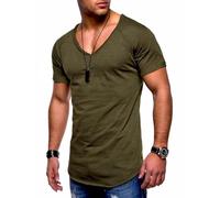behype. Herren T-Shirt V-Ausschnitt Kurzarm Oversized Basic Male Tee aus Baumwolle Leichtes V-Neck Oberteil Khaki-XL
