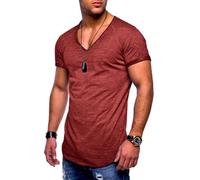 behype. Herren T-Shirt V-Ausschnitt Kurzarm Oversized Basic Male Tee aus Baumwolle Leichtes V-Neck Oberteil Weinrot-Wash-XXL