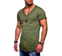 behype. Herren T-Shirt V-Ausschnitt Kurzarm Oversized Basic Male Tee aus Baumwolle Leichtes V-Neck Oberteil Khaki-Wash-L
