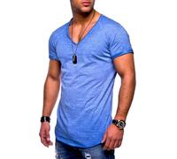 behype. Herren T-Shirt V-Ausschnitt Kurzarm Oversized Basic Male Tee aus Baumwolle Leichtes V-Neck Oberteil Blau-Wash-M