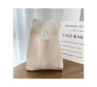 (Beige, 20x21cm) Handmade Knit Handbag Women Mini Knot Wrist-bag Female Casual Color Wide Stripe Plaid Tote Bag Student Reusable Shopping Bag