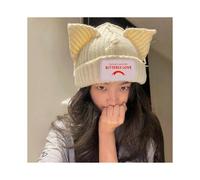 (beige)Cat Ear Patch Knitted Hat Couple Knitted Piglet Wool Hat Cold Hat Autumn Winter Warm Hat Beanies Hat Cap Hip Hop Women Hat