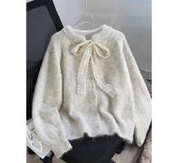 Beige Damen Herbst Pullover mit Schnürung, kurzer gestrickter Cardigan mit goldenen Knöpfen, minimalistisch & vielseitig