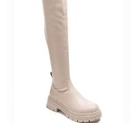 Beige Kunstleder Overknee-Stiefel mit profilierter Sohle und dehnbarem Schaft