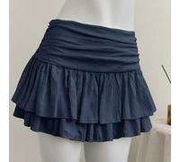 Beige plissierter Minirock mit hoher und niedriger Taille, zweischichtiger Chiffon-Rock im Urlaubsstil