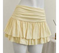 Beige plissierter Minirock mit hoher und niedriger Taille, zweischichtiger Chiffon-Rock im Urlaubsstil