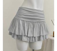 Beige plissierter Minirock mit hoher und niedriger Taille, zweischichtiger Chiffon-Rock im Urlaubsstil