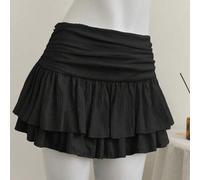 Beige plissierter Minirock mit hoher und niedriger Taille, zweischichtiger Chiffon-Rock im Urlaubsstil