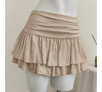 Beige plissierter Minirock mit hoher und niedriger Taille, zweischichtiger Chiffon-Rock im Urlaubsstil