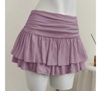 Beige plissierter Minirock mit hoher und niedriger Taille, zweischichtiger Chiffon-Rock im Urlaubsstil