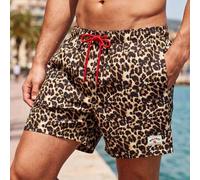 Beige, Sommer, Boho, Strand, Urlaub, Herren Leopardenmuster Schrägtasche Kordelzug Taille Lässig Hawaii Tropisch Badehose Paar