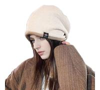 (Beige)Women Winter Hat Knitted Elastic Thick Warm Soft Cold Resistant No Brim Beanie Baggy Solid Color Lady Cap