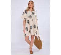 Beigefarbenes, besticktes, übergroßes Mini-Hemdkleid mit Kragen M/L