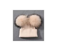 (Beigefarbenes Fellimitat) Damen-Doppelbommelmütze, Wintermütze, Strickmütze, Mädchen-Doppelbommelmütze