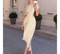 Beiges elegantes Sommer-Leinenkleid mit Off-Shoulder Ausschnitt für Damen, asymmetrisches Falten-Design, hochgeschnittener Midi-Rock, perfekt für Brun