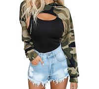 BEJONS Langärmeliges bauchfreies Oberteil für Damen, Hoodies, Sweatshirt, ästhetisch, Punk, Hip-Hop, Tanz, sexy Rave-Tuch, Grün, Camouflage, XX-Large