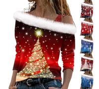 Bekleidung Weihnachts Sweatshirt Für Damen Trachtenhemd Schwarzer Hoodie Damen Weihnachten 3D Druck Plüsch Schulterfrei Langarm Pulli Shirt Mit Schulterriemen Xmas Sportshirt Damen Langarm (Red, S)