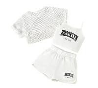 Bekleidungssets für Mädchen,BROOKLYN NEW YORK Buchstaben Druck Mesh Kurzarm Kurz Shirt & Lässiges Camisole Träger-Top & Locker Shorts, Modisch Casual SommerKleidung 5-14 Jahre