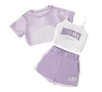 Bekleidungssets für Mädchen,BROOKLYN NEW YORK Buchstaben Druck Mesh Kurzarm Kurz Shirt & Lässiges Camisole Träger-Top & Locker Shorts, Modisch Casual SommerKleidung 5-14 Jahre