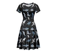Belidome Damenkleid, Sommerkleid, Midi-Länge, Swing, Sommer, lässig, Strandkleid, weich, Cartoon-Hai, schwarz, M