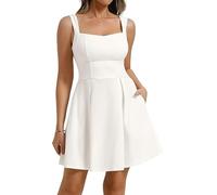 Belle Poque Damen Sommerkleid Trägern A-Linie Minikleid Eckigem V Ausschnitt Offenem Rücken Fließendes Elegant Kleider mit Taschen Weiß XL