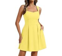 Belle Poque Damen Sommerkleid Trägern A-Linie Minikleid Eckigem V Ausschnitt Offenem Rücken Fließendes Elegant Kleider mit Taschen Hell Gelb XL