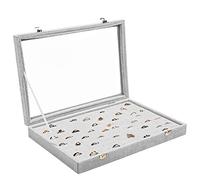 BELLE VOUS Graue Ring Box Aufbewahrungsbox für Schmuck Samt Box Display mit 100 Fächern & Deckel - Vitrine Organizer mit Transparentem Glasdeckel für Ringe, Manschettenknöpfe & Ohrringe Aufbewahrung