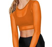 BelleLovin Damen-Bluse aus durchsichtigem Netzstoff, langärmelig, bauchfrei, sexy, Orange/Abendrot im Zickzackmuster (Sunset Chevron), X-Groß