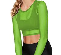 BelleLovin Damen Sheer Mesh Langarm Crop Top Sexy Tee Bluse - Grn - Mittel