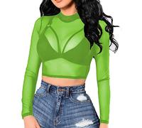 BelleLovin Damen Sheer Mesh Langarm Crop Top Sexy Tee Bluse - - Mittel