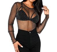 Bellelovin Damen Sheer Mesh Tops Langarm Glitzer Sexy Tops Durchsichtige Blusen, 1 - Schwarz, Klein
