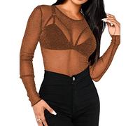 BelleLovin Damen Sheer Mesh Tops Langarm Glitzer Sexy Tops Durchsichtige Blusen, Braun, Klein