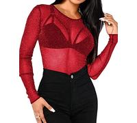 Bellelovin Damen Sheer Mesh Tops Langarm Glitzer Sexy Tops Durchsichtige Blusen, Rundhalsausschnitt, Rot, X-Groß