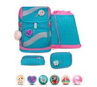Belmil Smarty Schulranzen Set 5-teilig ""Hearts and Dots"" mit Brustgurt Hüftgurt Magnetverschluss Patch Set 6 Stück Hearts and Dots