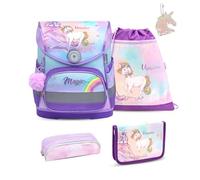 Belmil Compact Schulranzen Set 5 teilig mit extra Schlüsselanhänger oder extra Brustgurt (405-41AGS GRAT) (Rainbow Unicorn Magic 2025)
